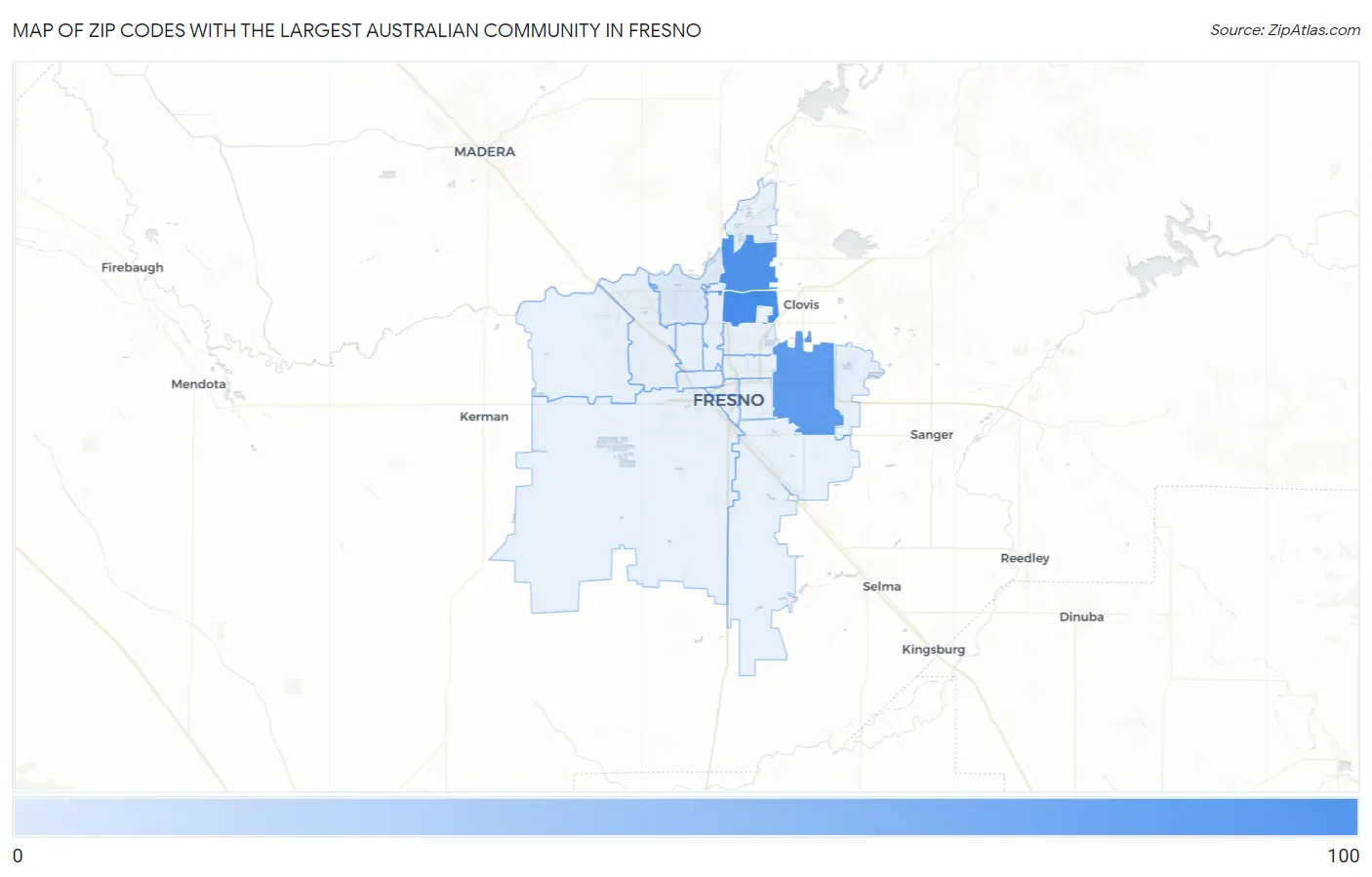 Zip Codes with the Largest Australian Community in Fresno Map