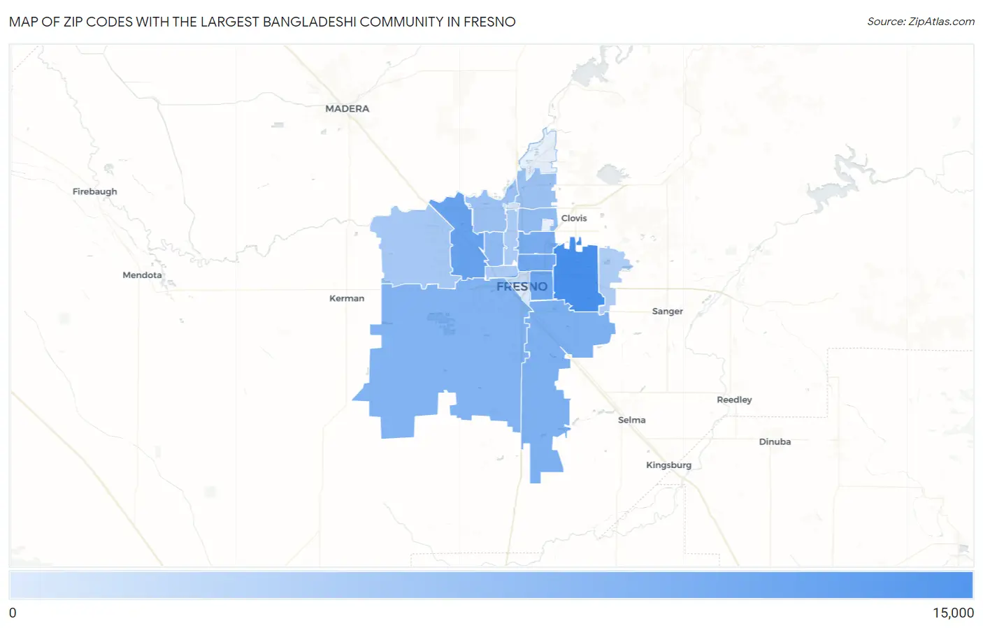 Zip Codes with the Largest Bangladeshi Community in Fresno Map