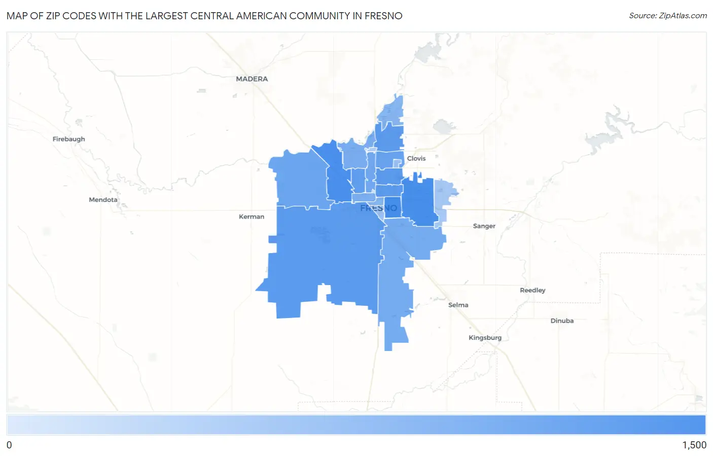 Zip Codes with the Largest Central American Community in Fresno Map