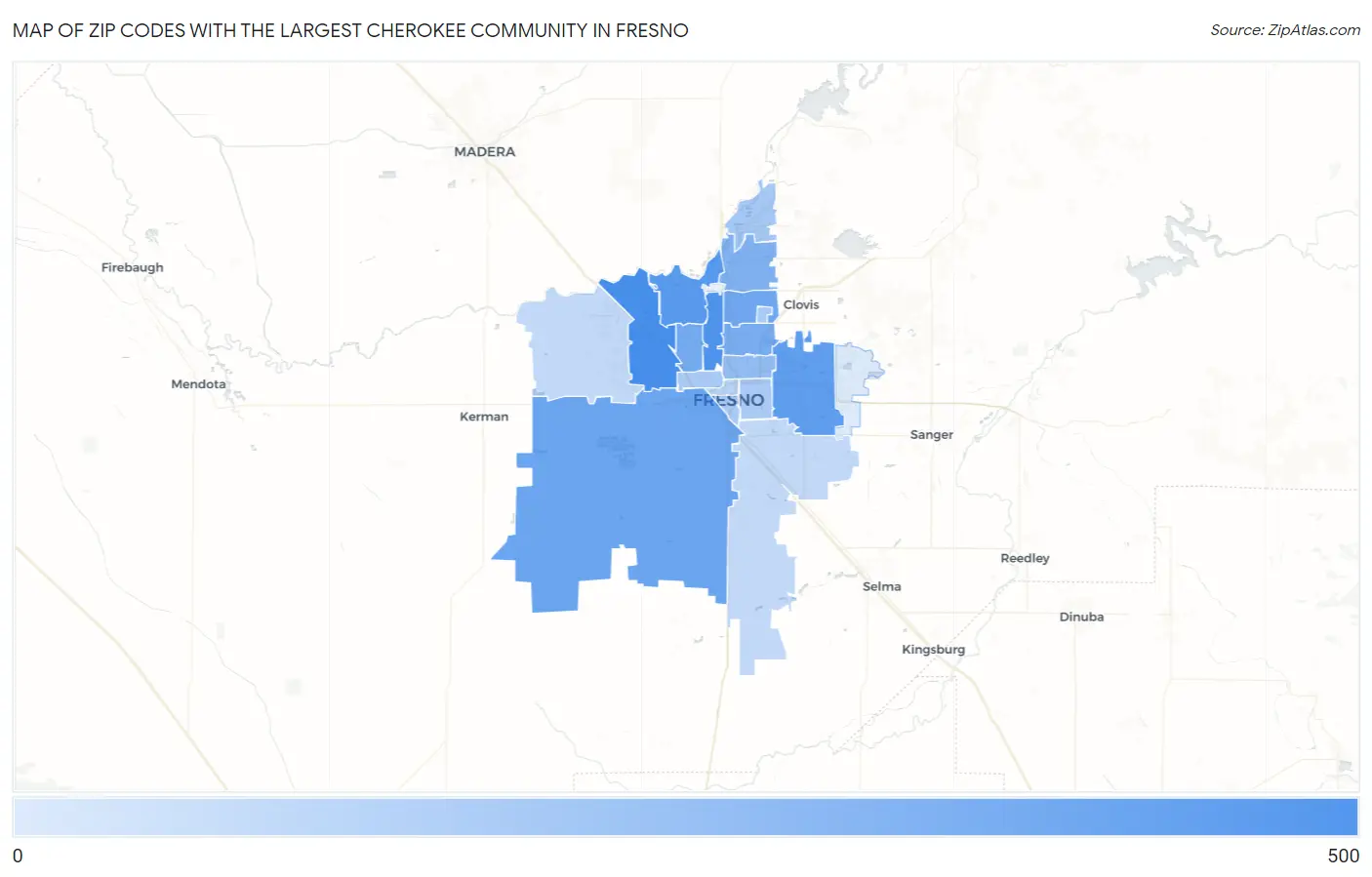 Zip Codes with the Largest Cherokee Community in Fresno Map