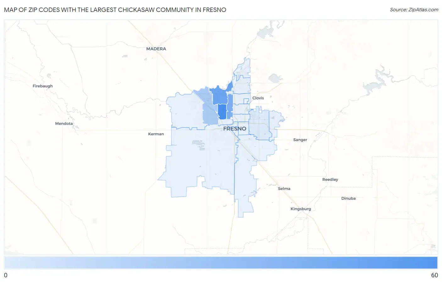 Zip Codes with the Largest Chickasaw Community in Fresno Map