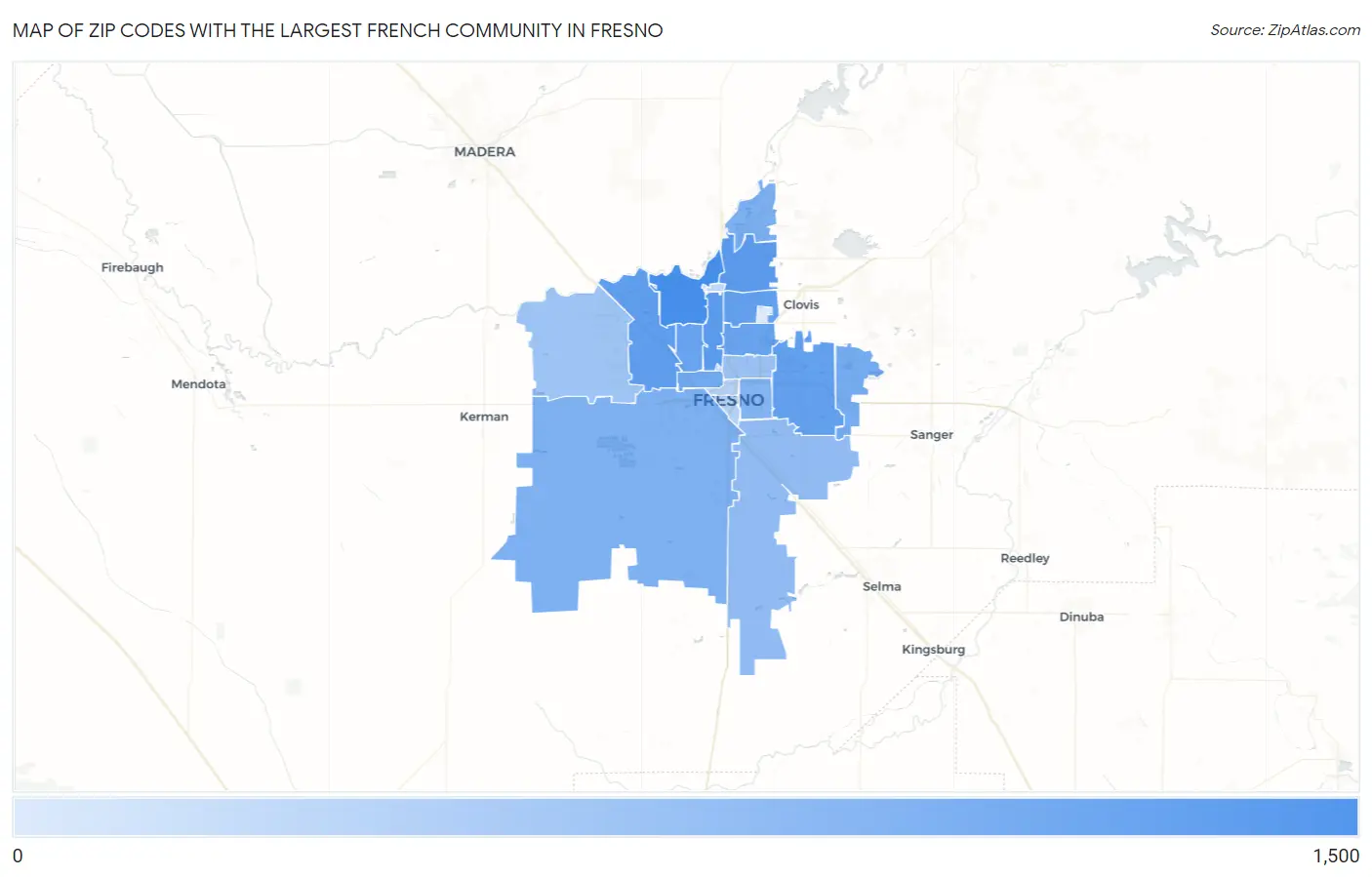 Zip Codes with the Largest French Community in Fresno Map