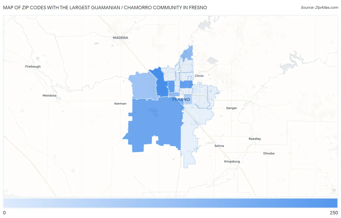 Zip Codes with the Largest Guamanian / Chamorro Community in Fresno Map