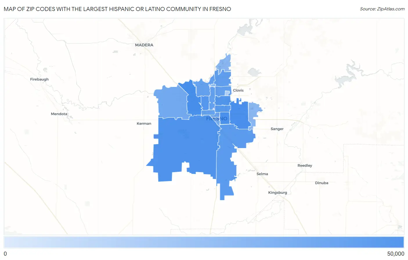 Zip Codes with the Largest Hispanic or Latino Community in Fresno Map