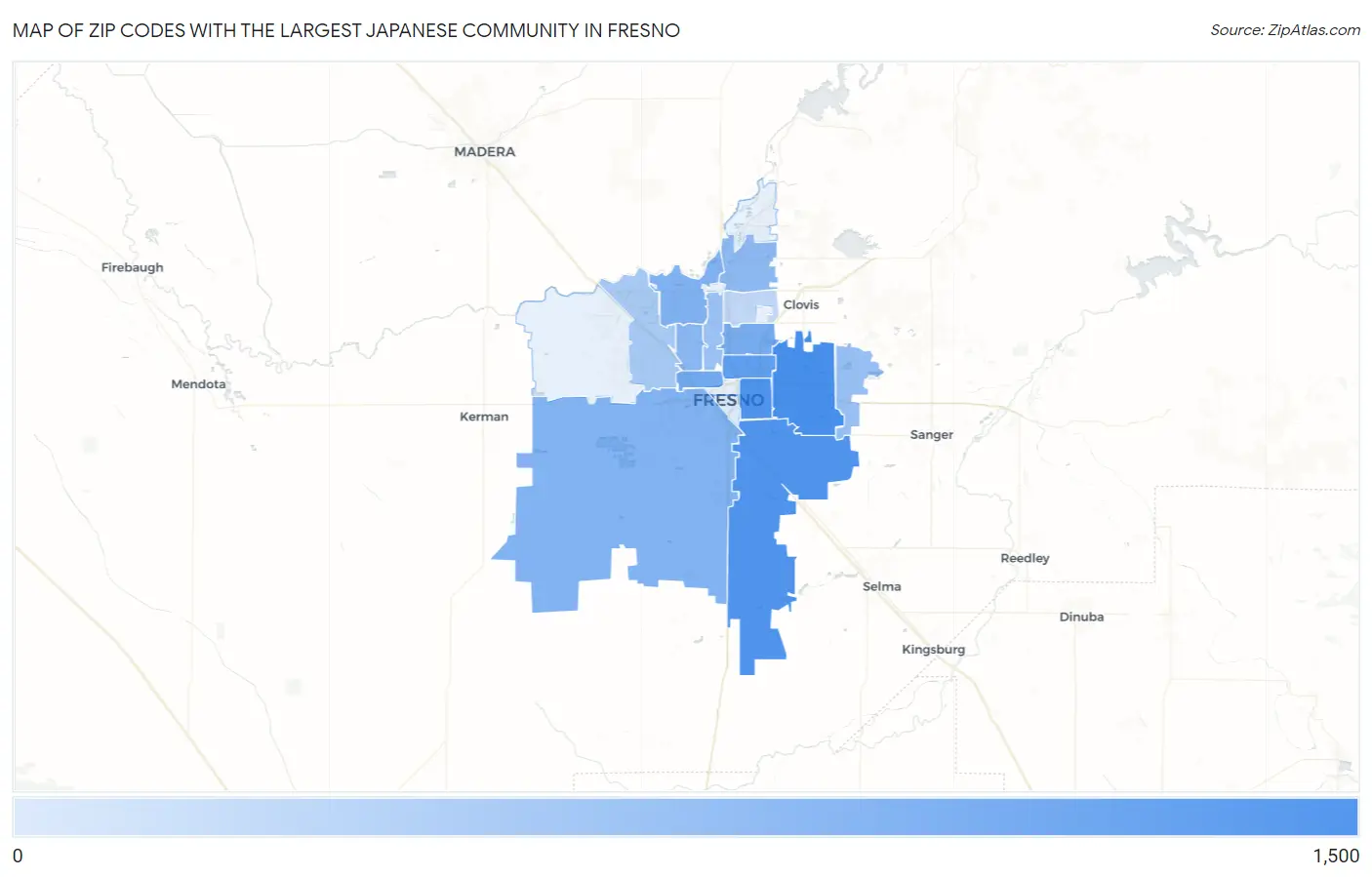 Zip Codes with the Largest Japanese Community in Fresno Map