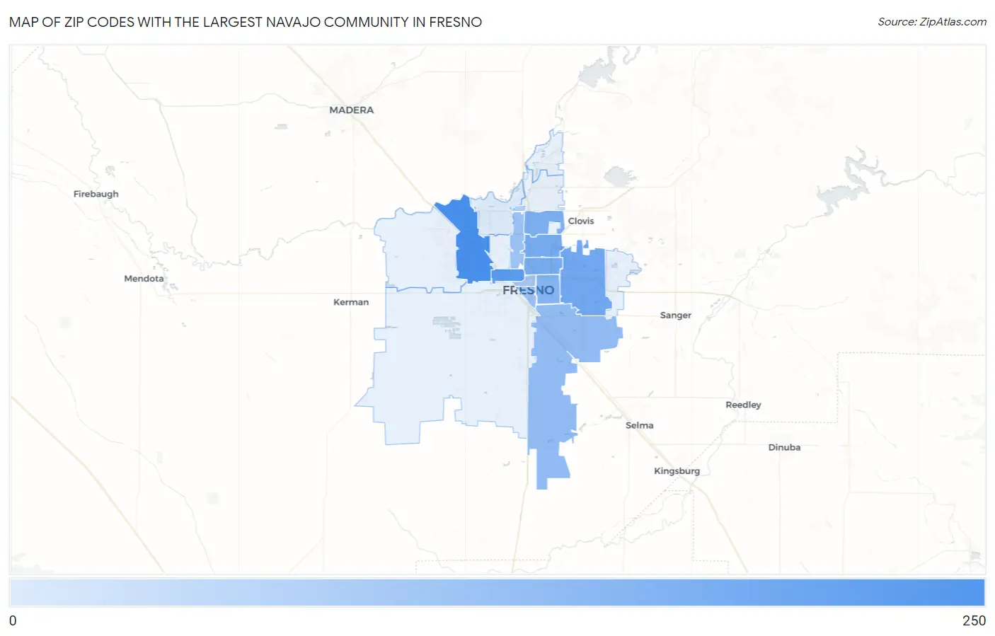 Zip Codes with the Largest Navajo Community in Fresno Map