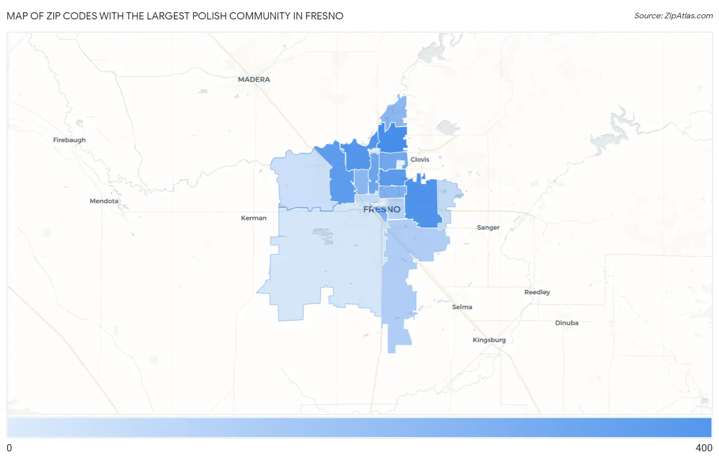 Zip Codes with the Largest Polish Community in Fresno Map