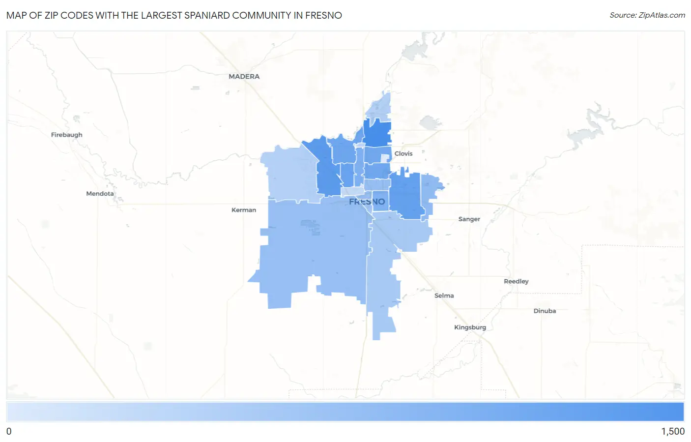 Zip Codes with the Largest Spaniard Community in Fresno Map
