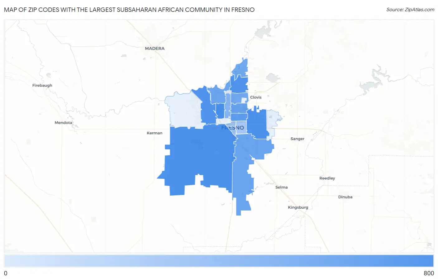 Zip Codes with the Largest Subsaharan African Community in Fresno Map