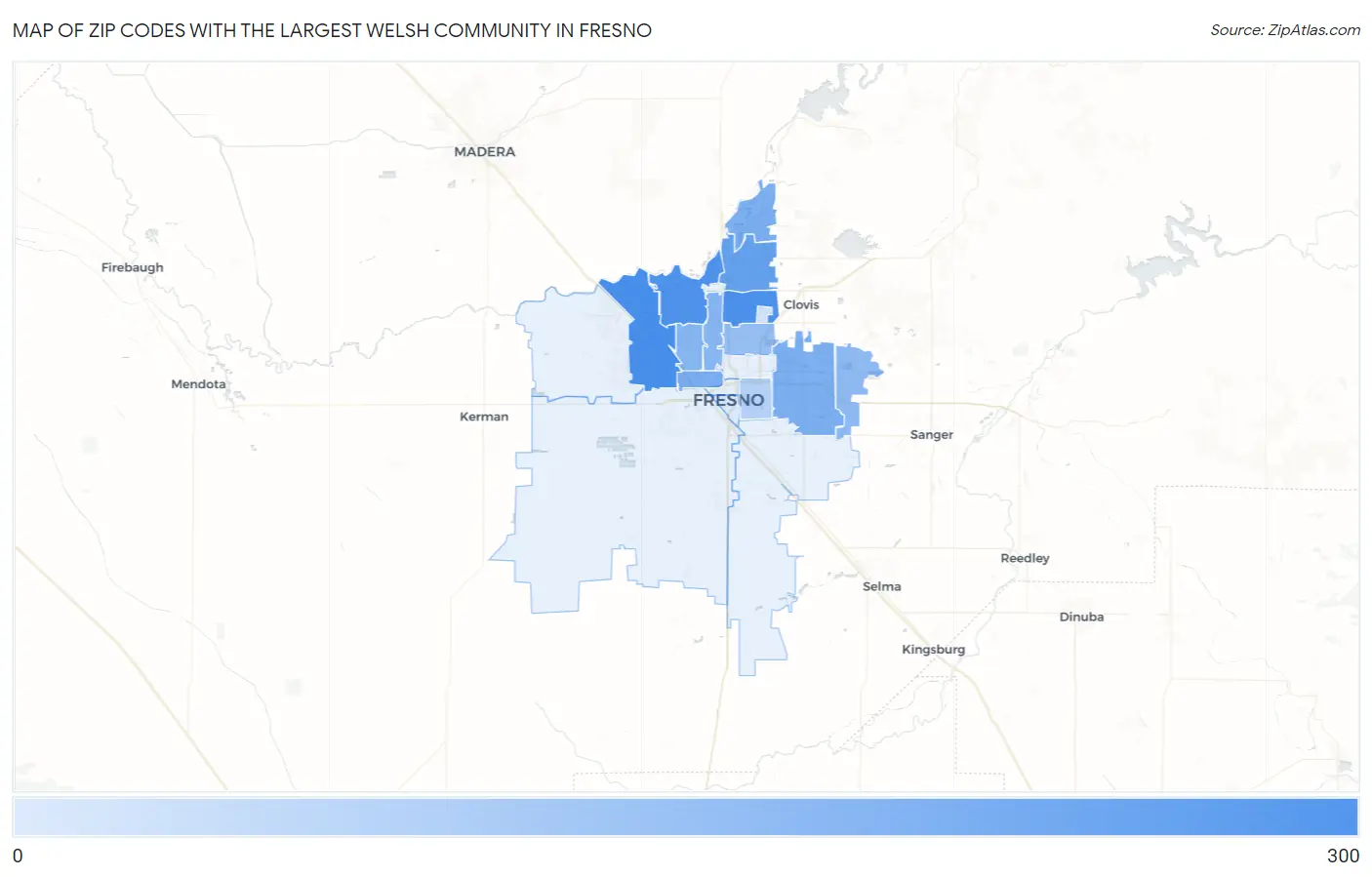 Zip Codes with the Largest Welsh Community in Fresno Map