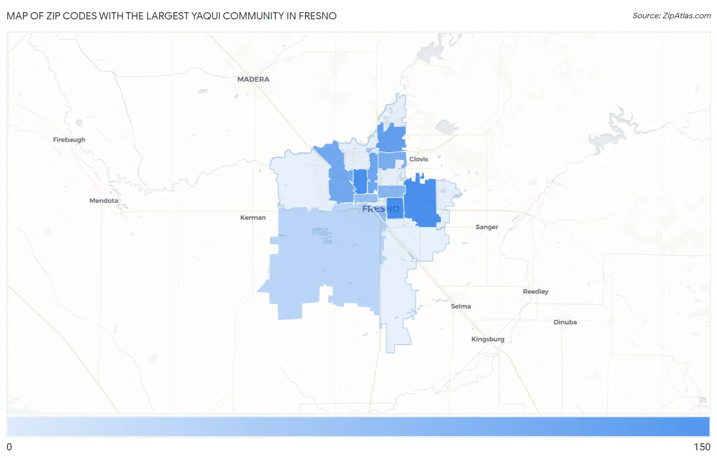 Zip Codes with the Largest Yaqui Community in Fresno Map
