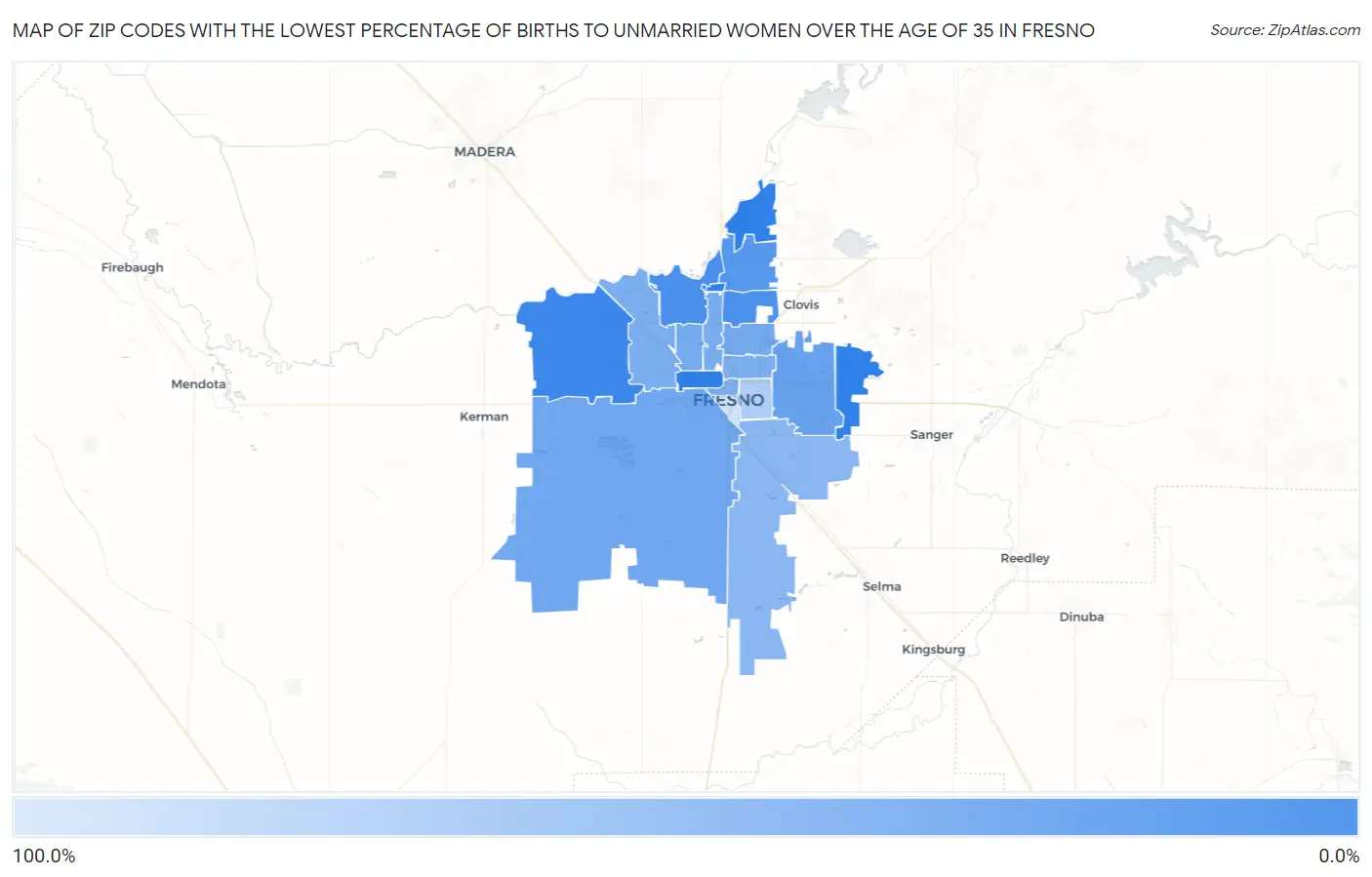 Zip Codes with the Lowest Percentage of Births to Unmarried Women over the Age of 35 in Fresno Map