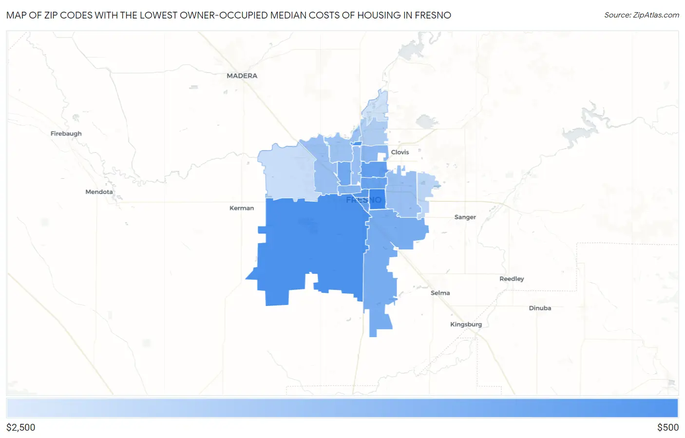 Zip Codes with the Lowest Owner-Occupied Median Costs of Housing in Fresno Map