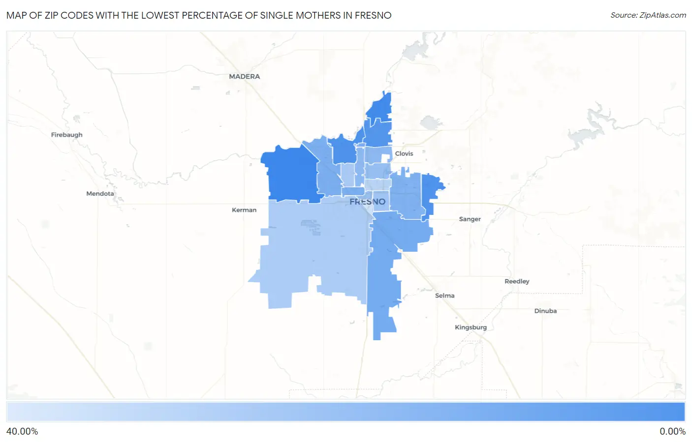 Zip Codes with the Lowest Percentage of Single Mothers in Fresno Map