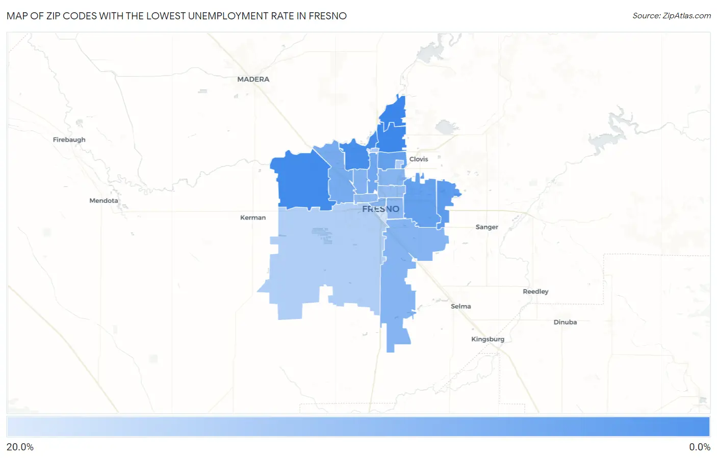 Zip Codes with the Lowest Unemployment Rate in Fresno Map