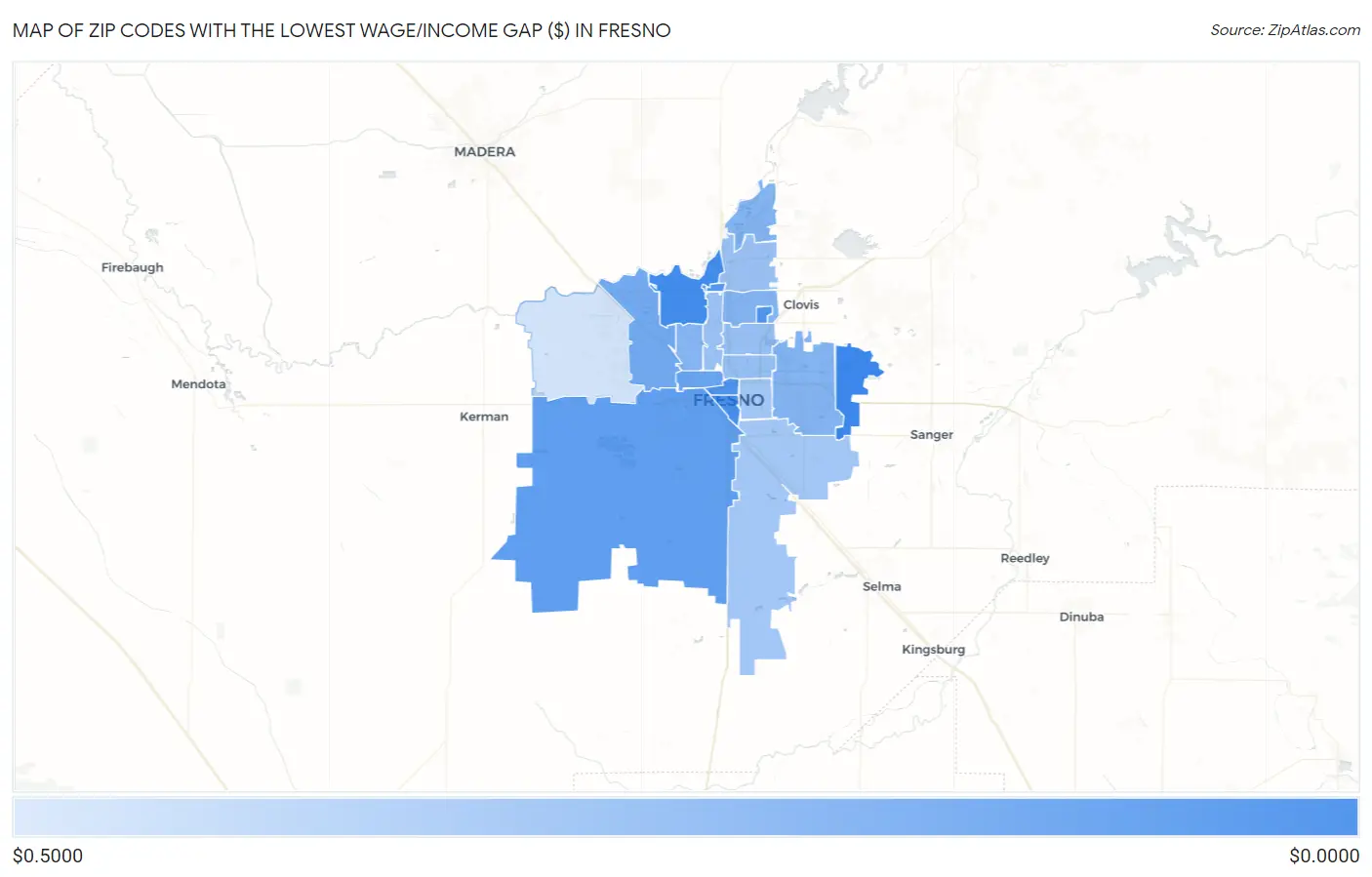 Zip Codes with the Lowest Wage/Income Gap ($) in Fresno Map