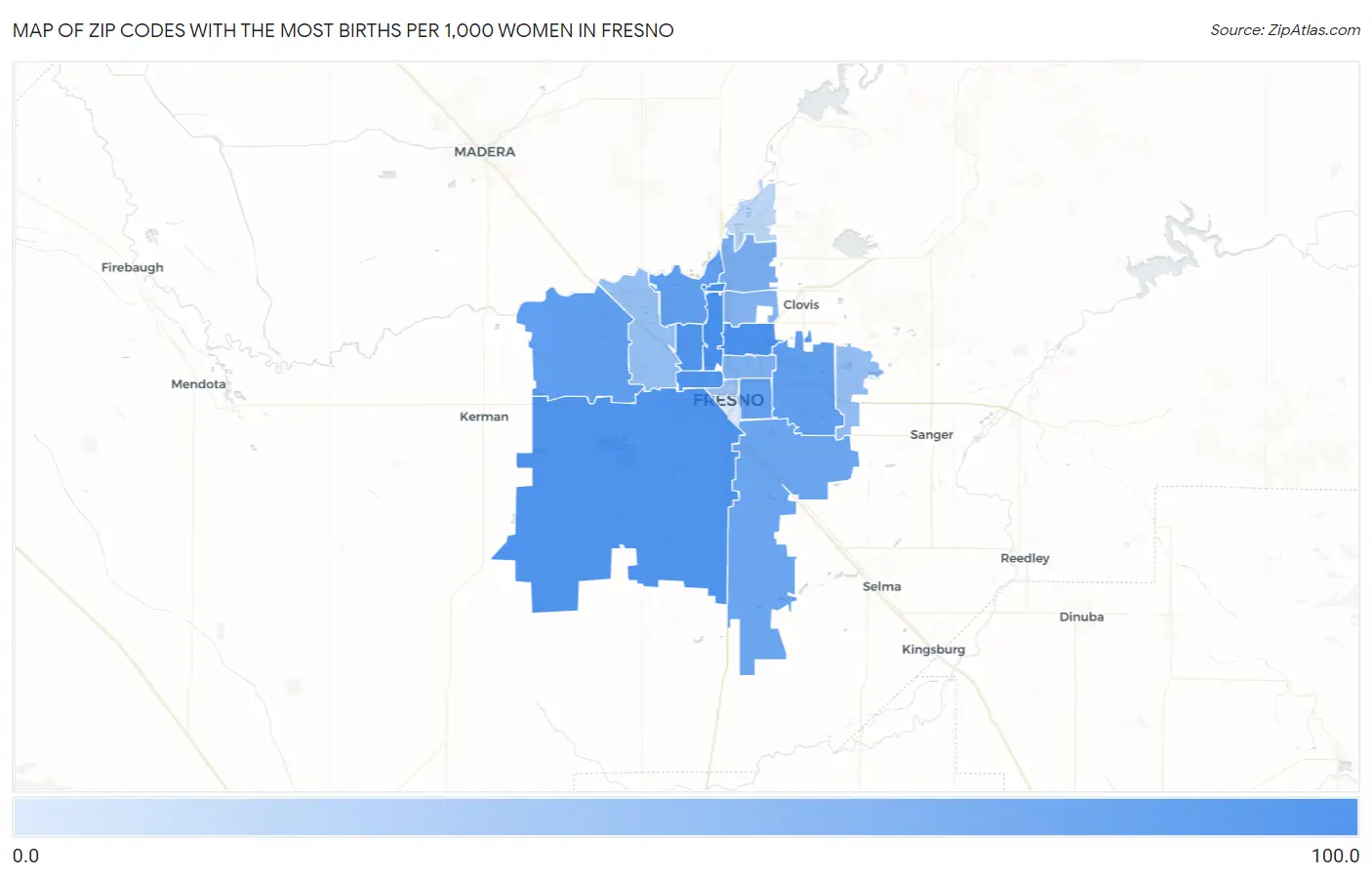 Zip Codes with the Most Births per 1,000 Women in Fresno Map