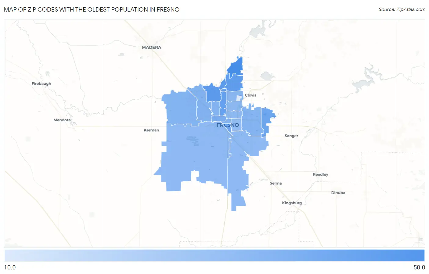 Zip Codes with the Oldest Population in Fresno Map