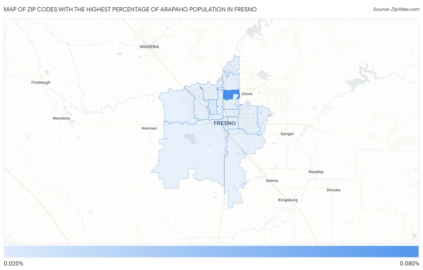 Zip Codes with the Highest Percentage of Arapaho Population in Fresno Map