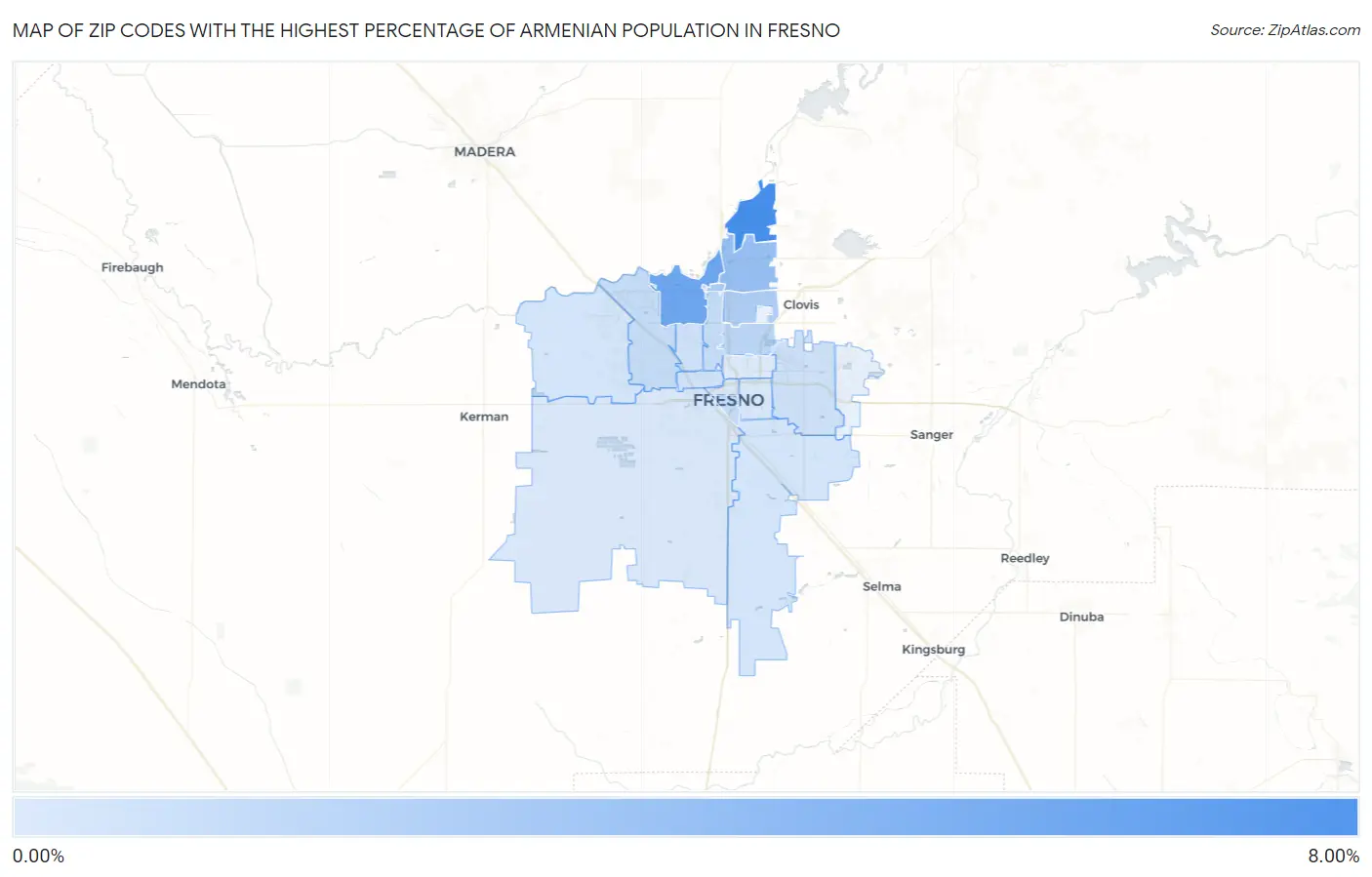Zip Codes with the Highest Percentage of Armenian Population in Fresno Map
