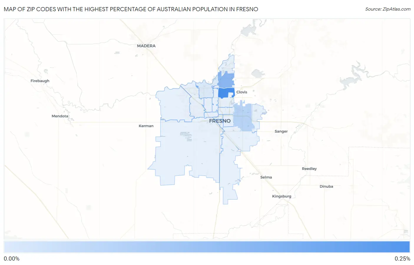 Zip Codes with the Highest Percentage of Australian Population in Fresno Map