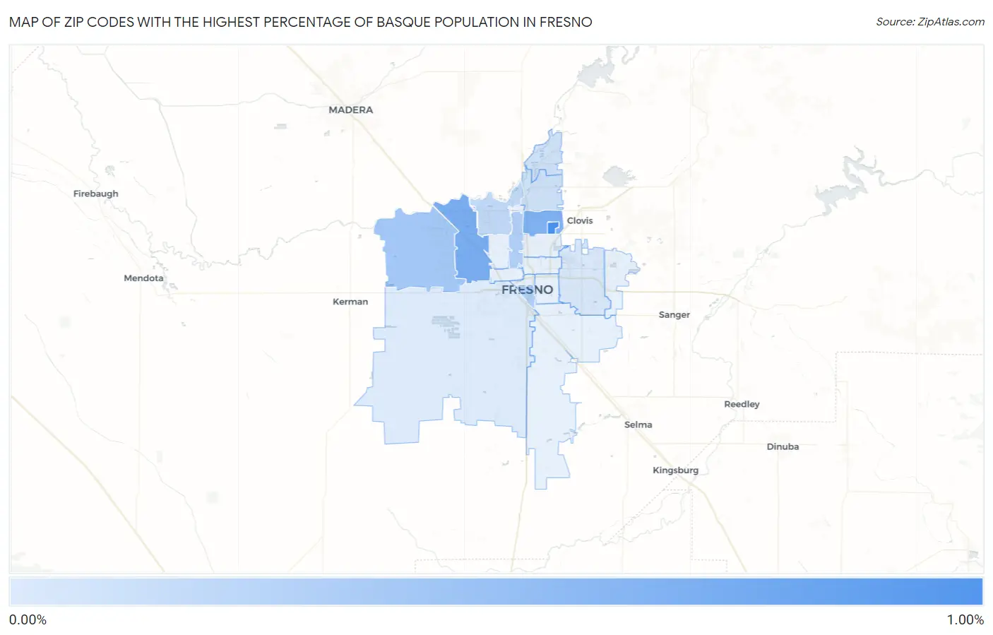 Zip Codes with the Highest Percentage of Basque Population in Fresno Map