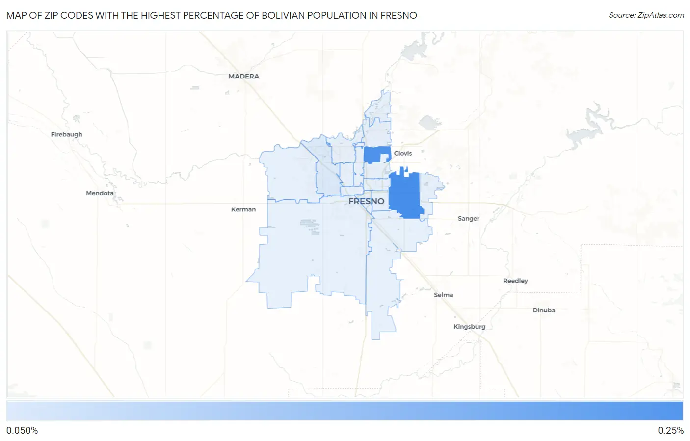 Zip Codes with the Highest Percentage of Bolivian Population in Fresno Map