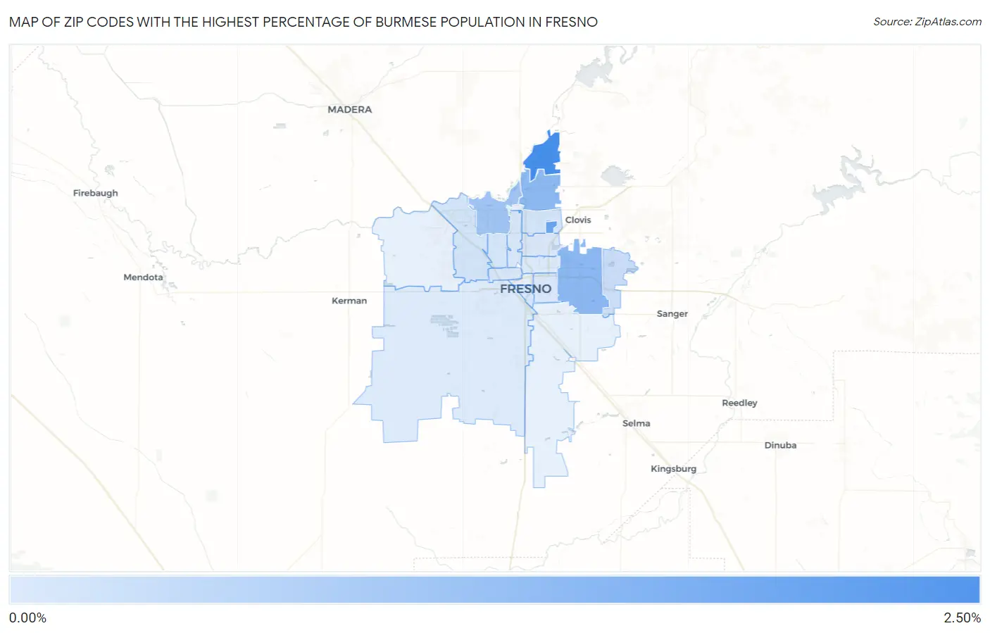 Zip Codes with the Highest Percentage of Burmese Population in Fresno Map