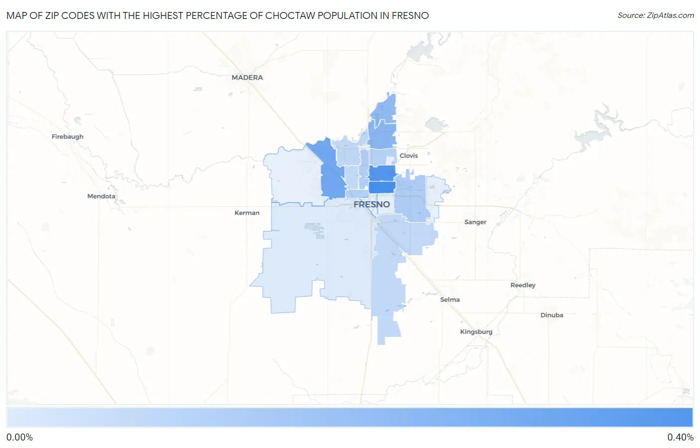 Zip Codes with the Highest Percentage of Choctaw Population in Fresno Map