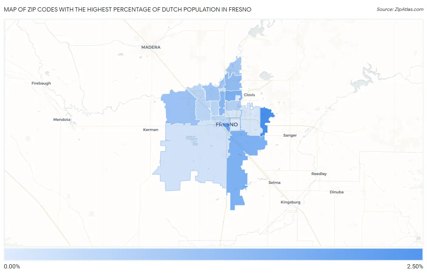 Zip Codes with the Highest Percentage of Dutch Population in Fresno Map