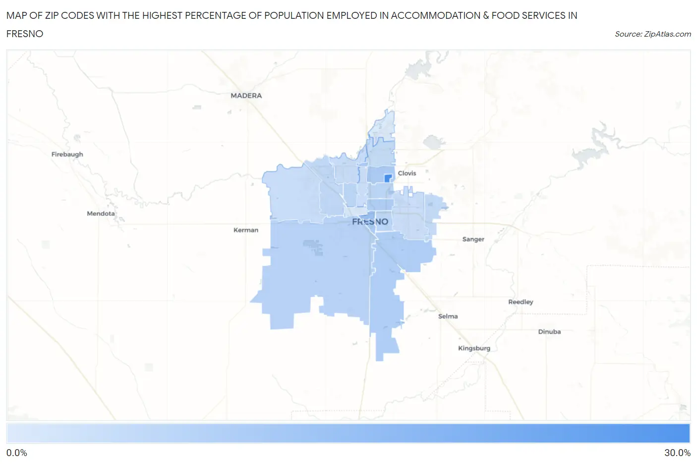 Zip Codes with the Highest Percentage of Population Employed in Accommodation & Food Services in Fresno Map