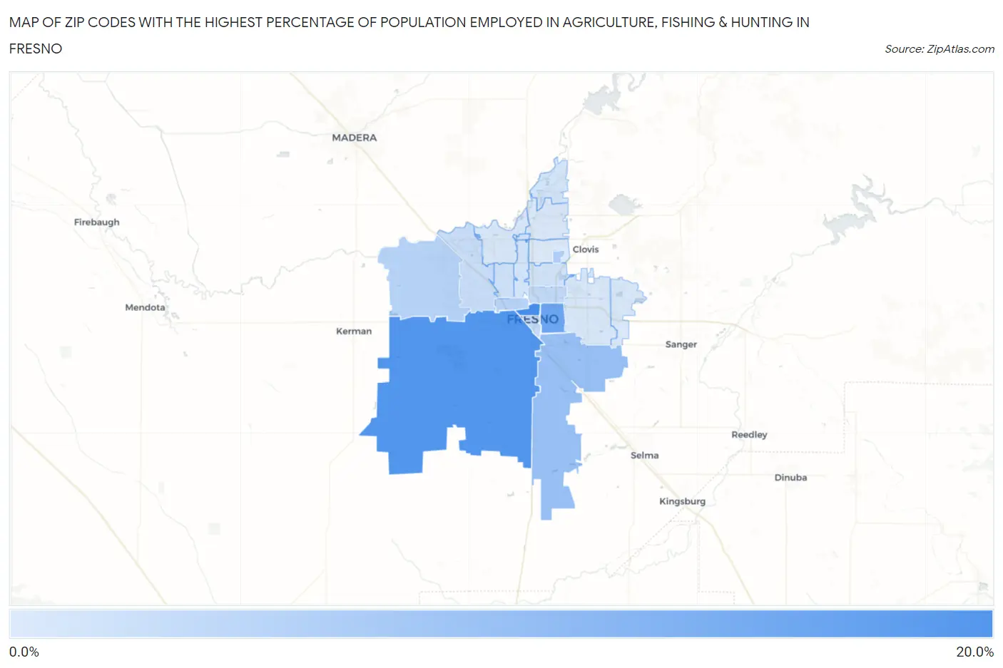 Zip Codes with the Highest Percentage of Population Employed in Agriculture, Fishing & Hunting in Fresno Map