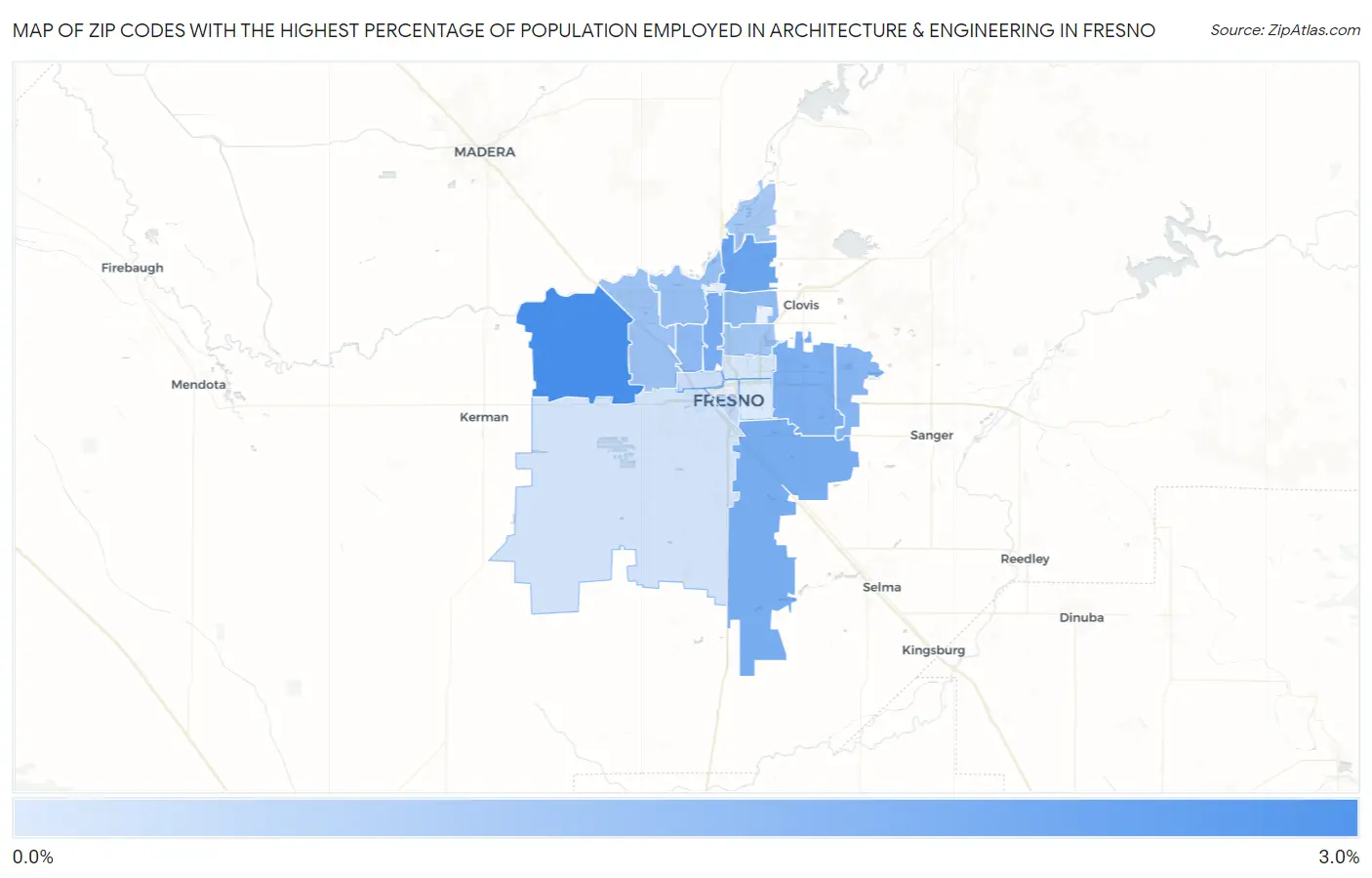Zip Codes with the Highest Percentage of Population Employed in Architecture & Engineering in Fresno Map