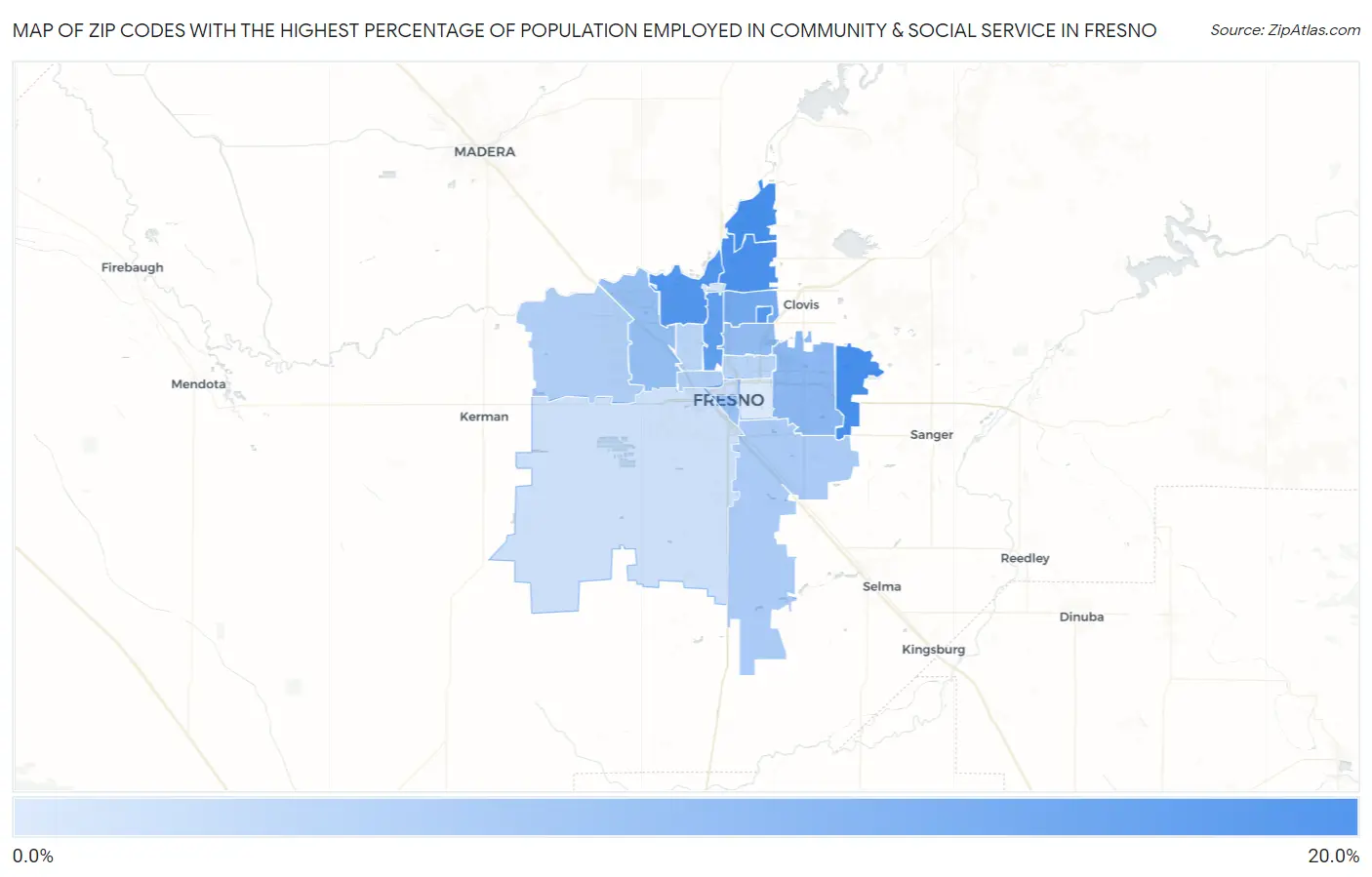 Zip Codes with the Highest Percentage of Population Employed in Community & Social Service  in Fresno Map