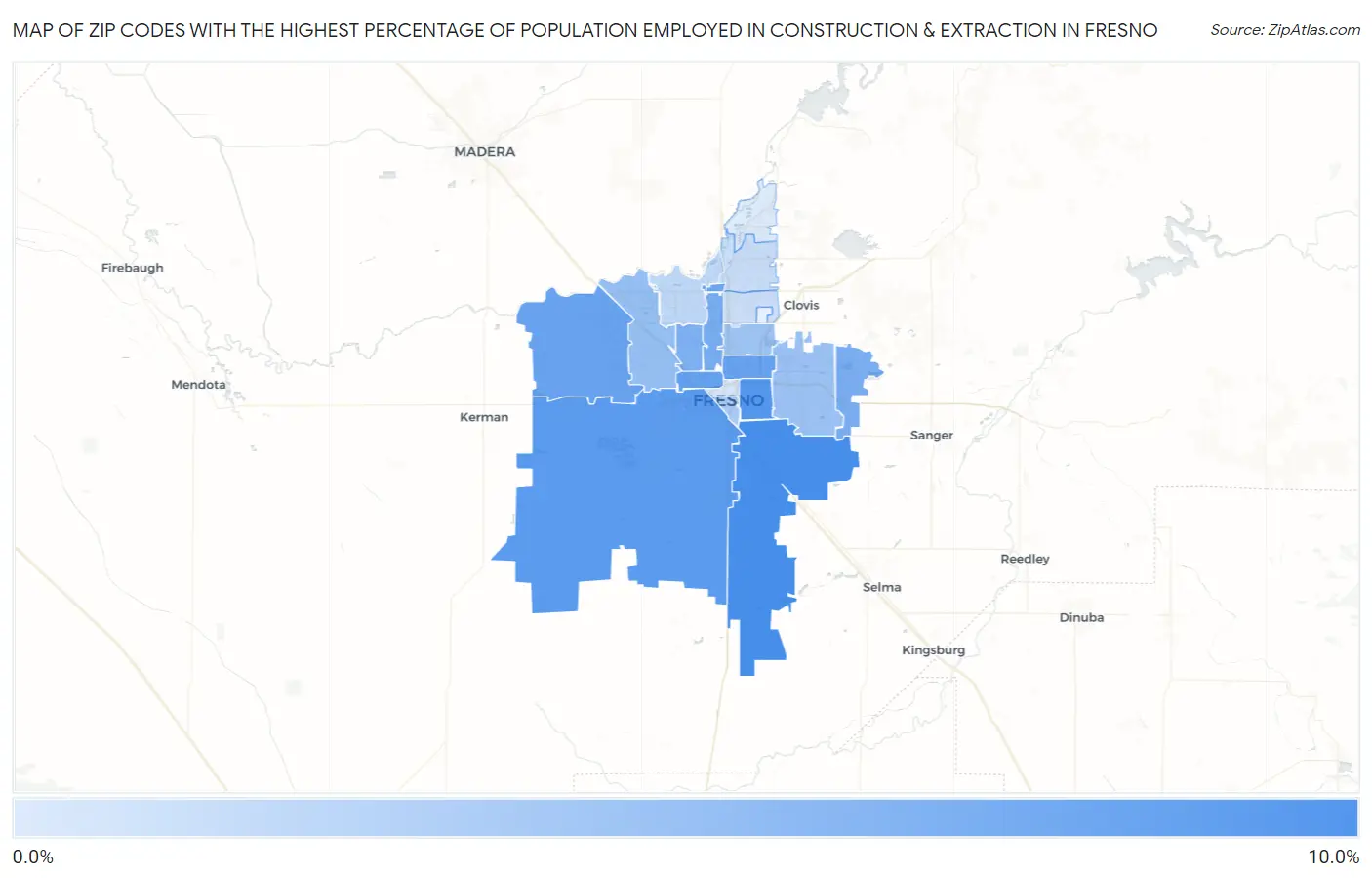 Zip Codes with the Highest Percentage of Population Employed in Construction & Extraction in Fresno Map