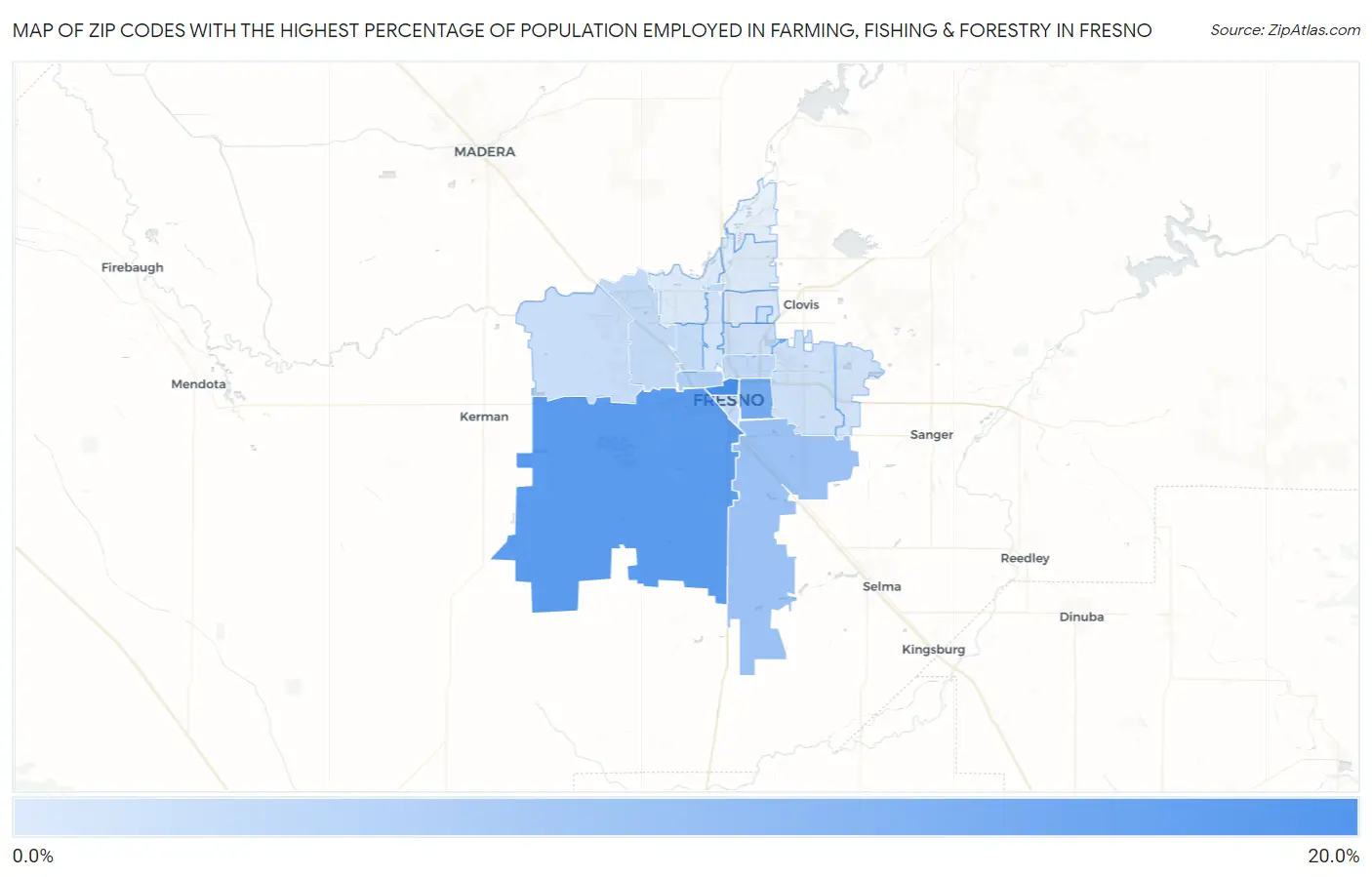 Zip Codes with the Highest Percentage of Population Employed in Farming, Fishing & Forestry in Fresno Map