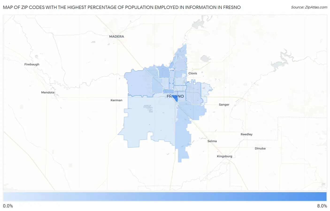 Zip Codes with the Highest Percentage of Population Employed in Information in Fresno Map