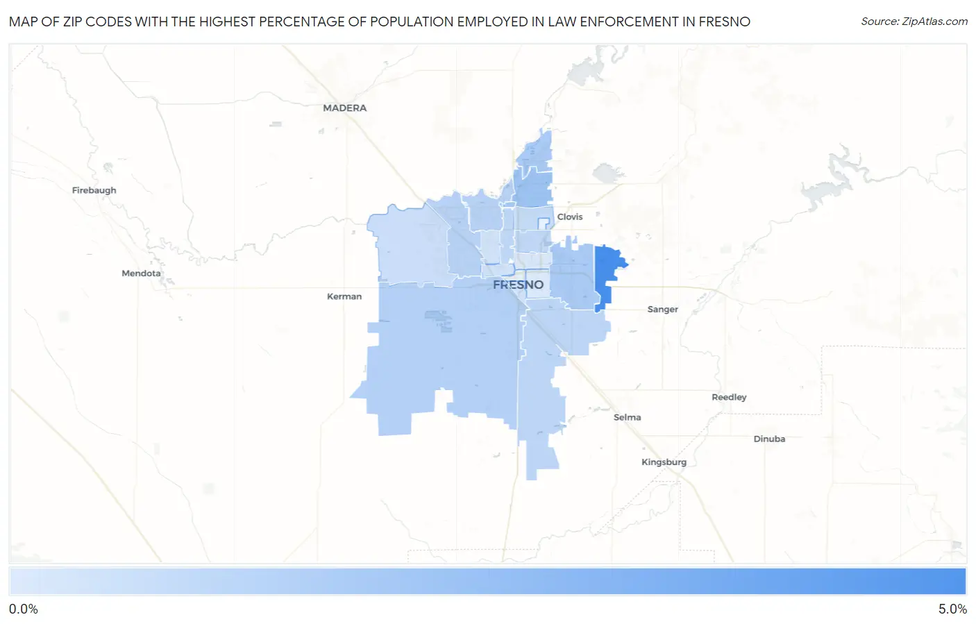 Zip Codes with the Highest Percentage of Population Employed in Law Enforcement in Fresno Map