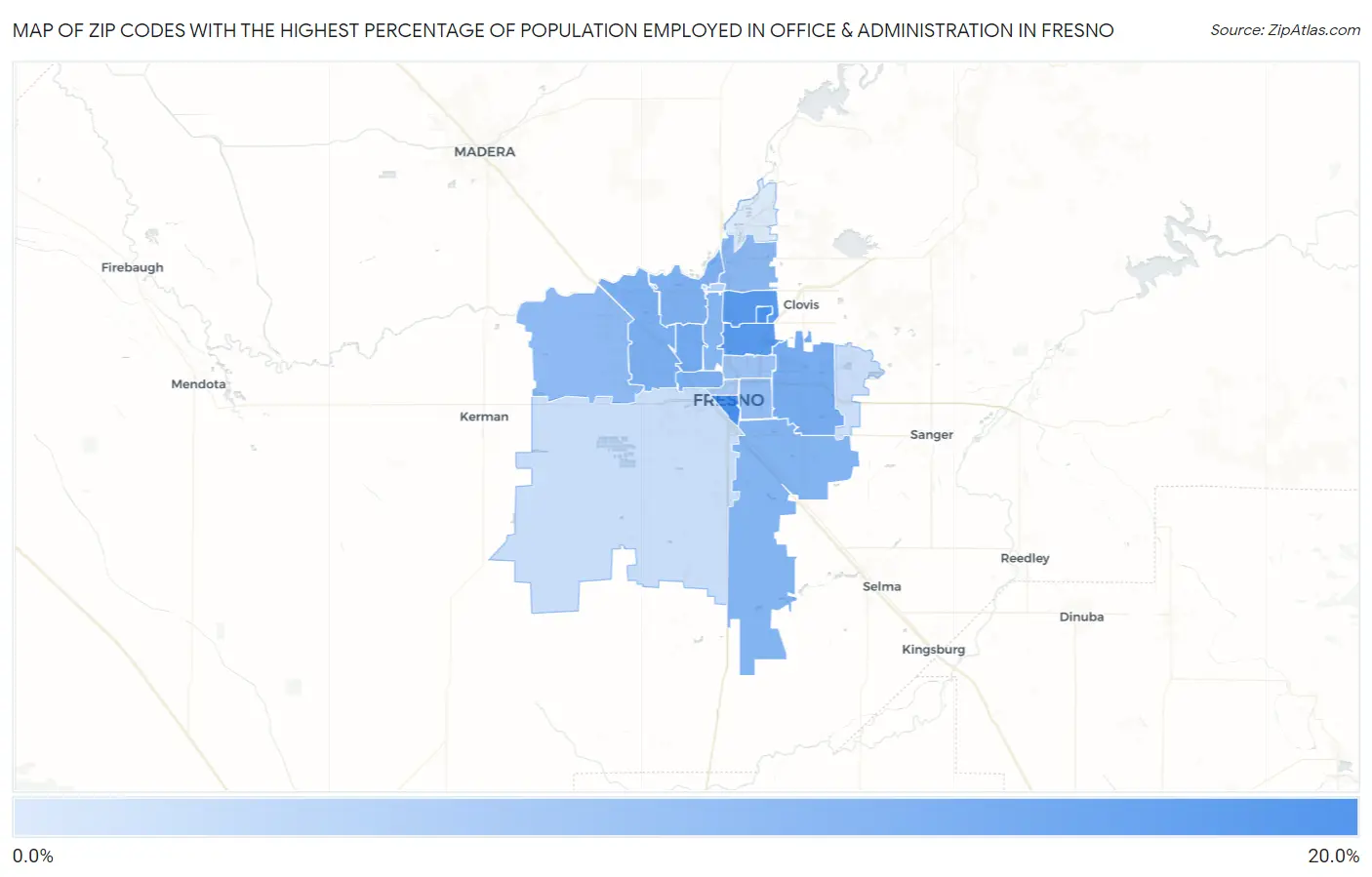 Zip Codes with the Highest Percentage of Population Employed in Office & Administration in Fresno Map