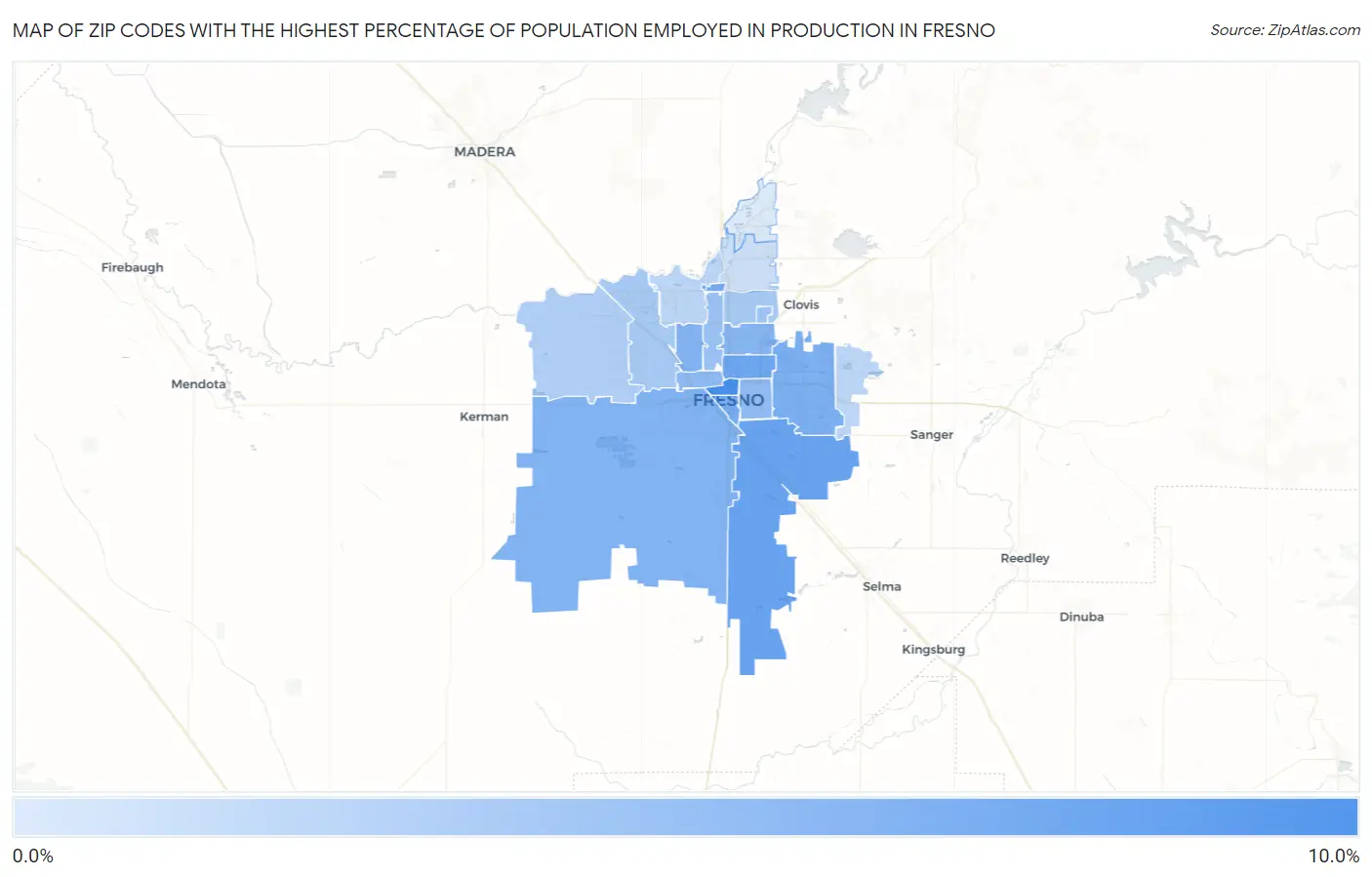 Zip Codes with the Highest Percentage of Population Employed in Production in Fresno Map