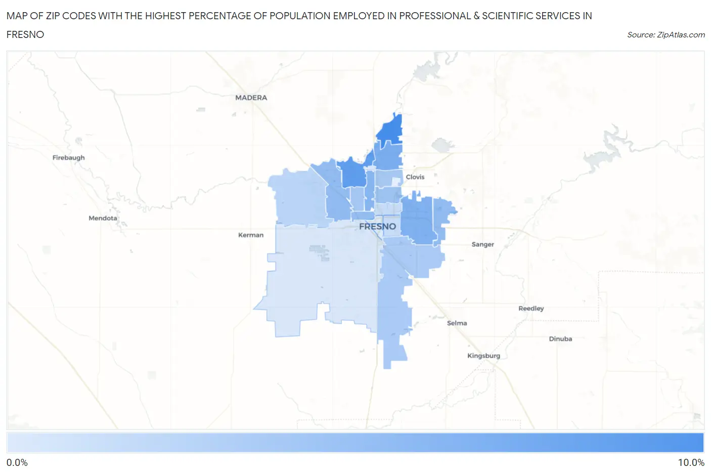 Zip Codes with the Highest Percentage of Population Employed in Professional & Scientific Services in Fresno Map