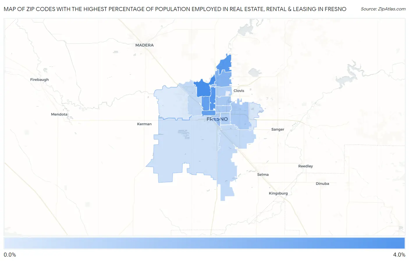 Zip Codes with the Highest Percentage of Population Employed in Real Estate, Rental & Leasing in Fresno Map