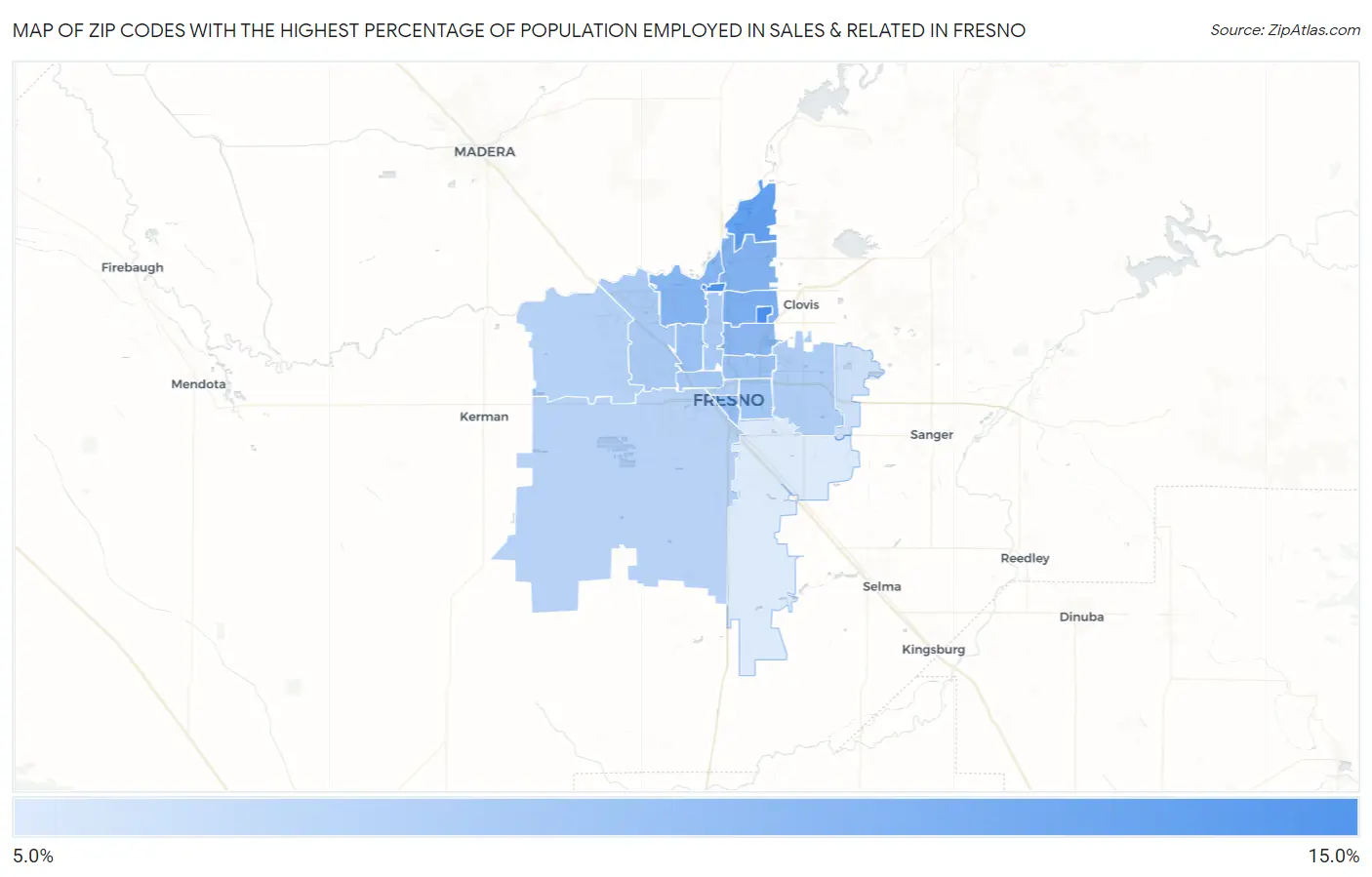 Zip Codes with the Highest Percentage of Population Employed in Sales & Related in Fresno Map