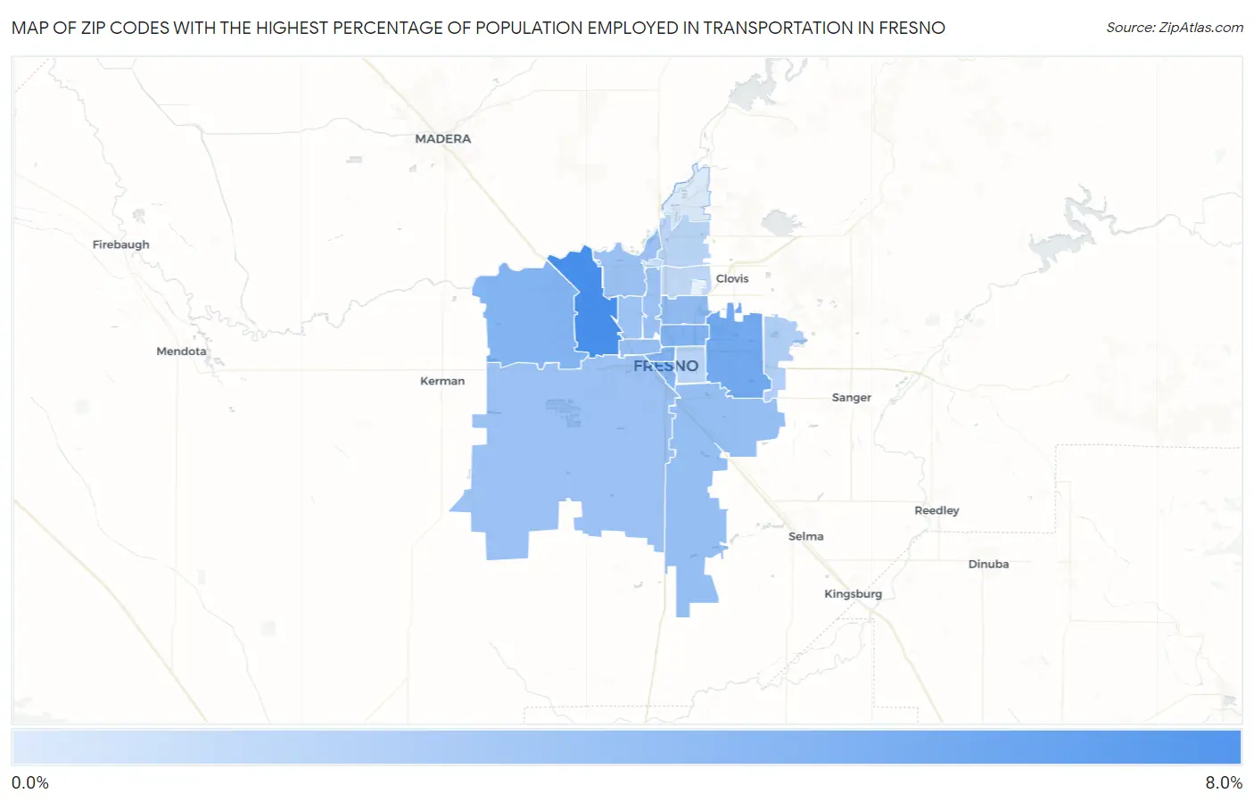 Zip Codes with the Highest Percentage of Population Employed in Transportation in Fresno Map