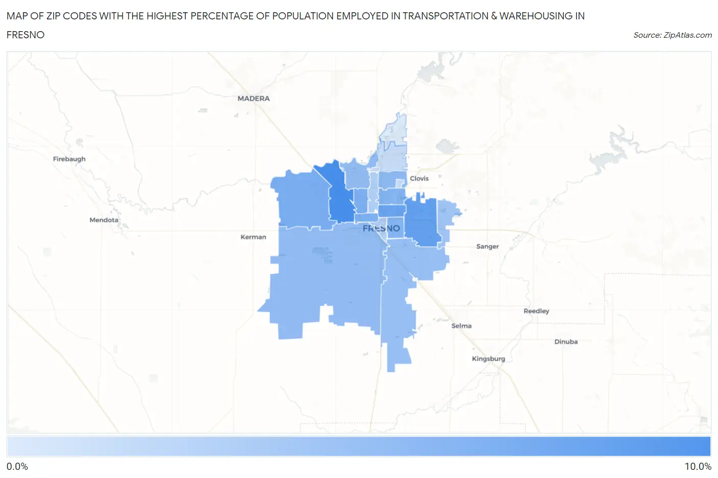 Zip Codes with the Highest Percentage of Population Employed in Transportation & Warehousing in Fresno Map