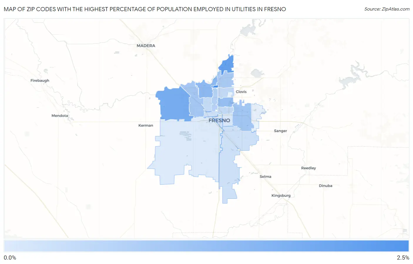 Zip Codes with the Highest Percentage of Population Employed in Utilities in Fresno Map