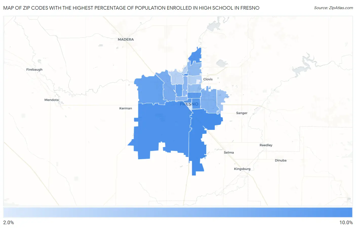 Zip Codes with the Highest Percentage of Population Enrolled in High School in Fresno Map