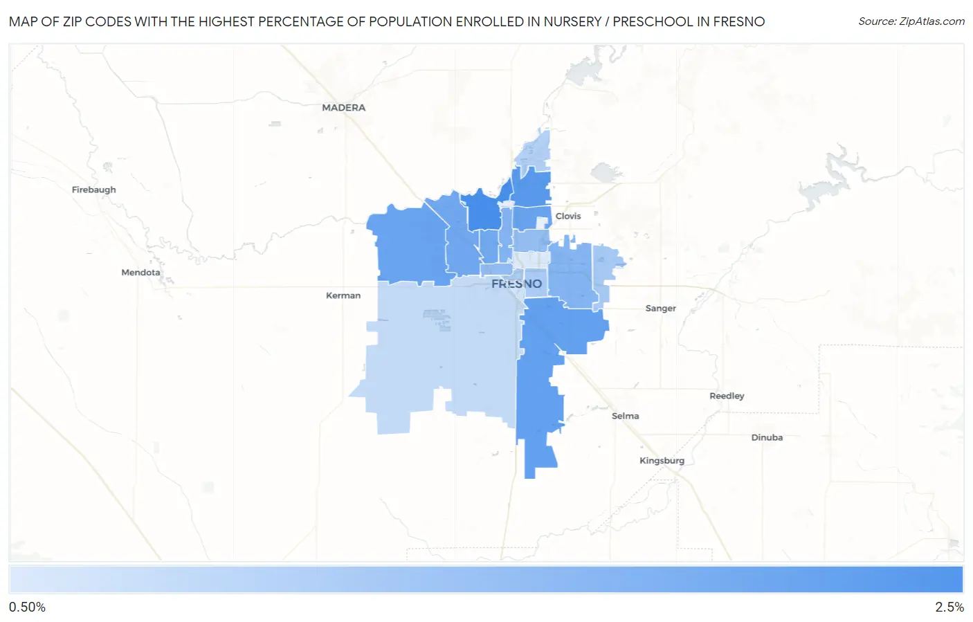 Zip Codes with the Highest Percentage of Population Enrolled in Nursery / Preschool in Fresno Map