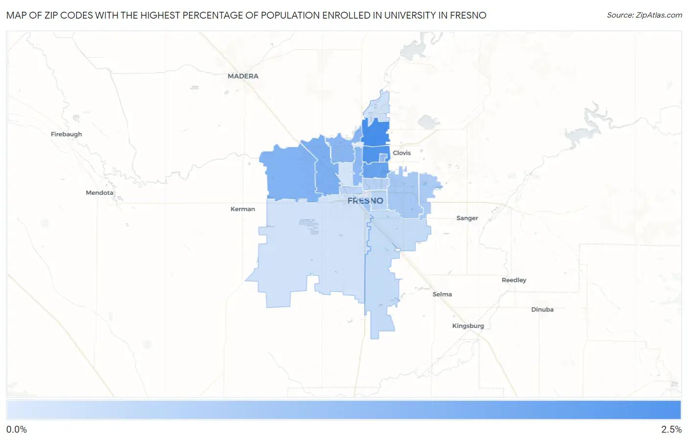 Zip Codes with the Highest Percentage of Population Enrolled in University in Fresno Map