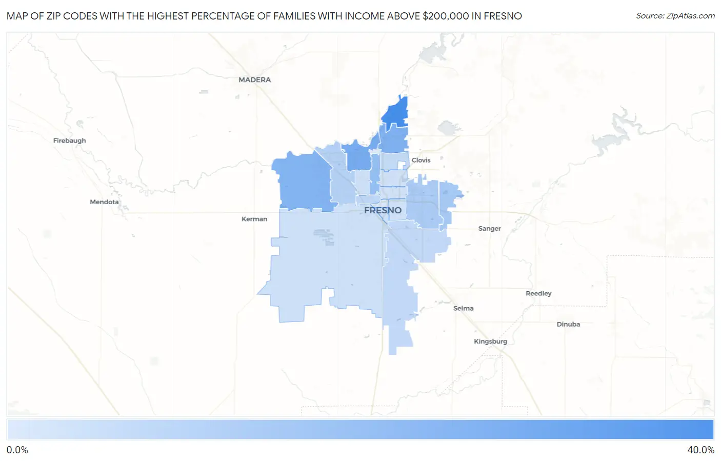 Zip Codes with the Highest Percentage of Families with Income Above $200,000 in Fresno Map